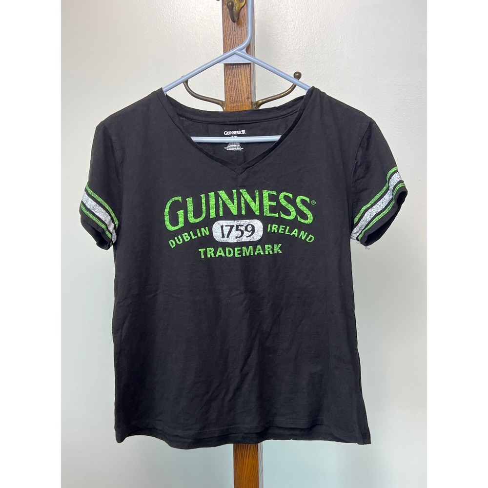 Guinness Women V-Neck T-Shirt Black Green Glitter Pub Dublin Ireland XL‎ Alcohol